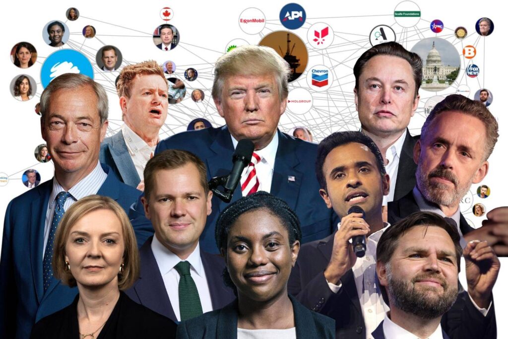 Donald Trump, Elon Musk, JD Vance, Vivek Ramaswamy, Kemi Badenoch, Nigel Farage, Liz Truss, Robert Jenrick, Paul Marshall, Jordan Peterson, against a background of smaller portraits of international politicians, leaders of think tanks, media outlets, and donors in the U.S., U.K., and Canada, connected by lines of connection in a network map.